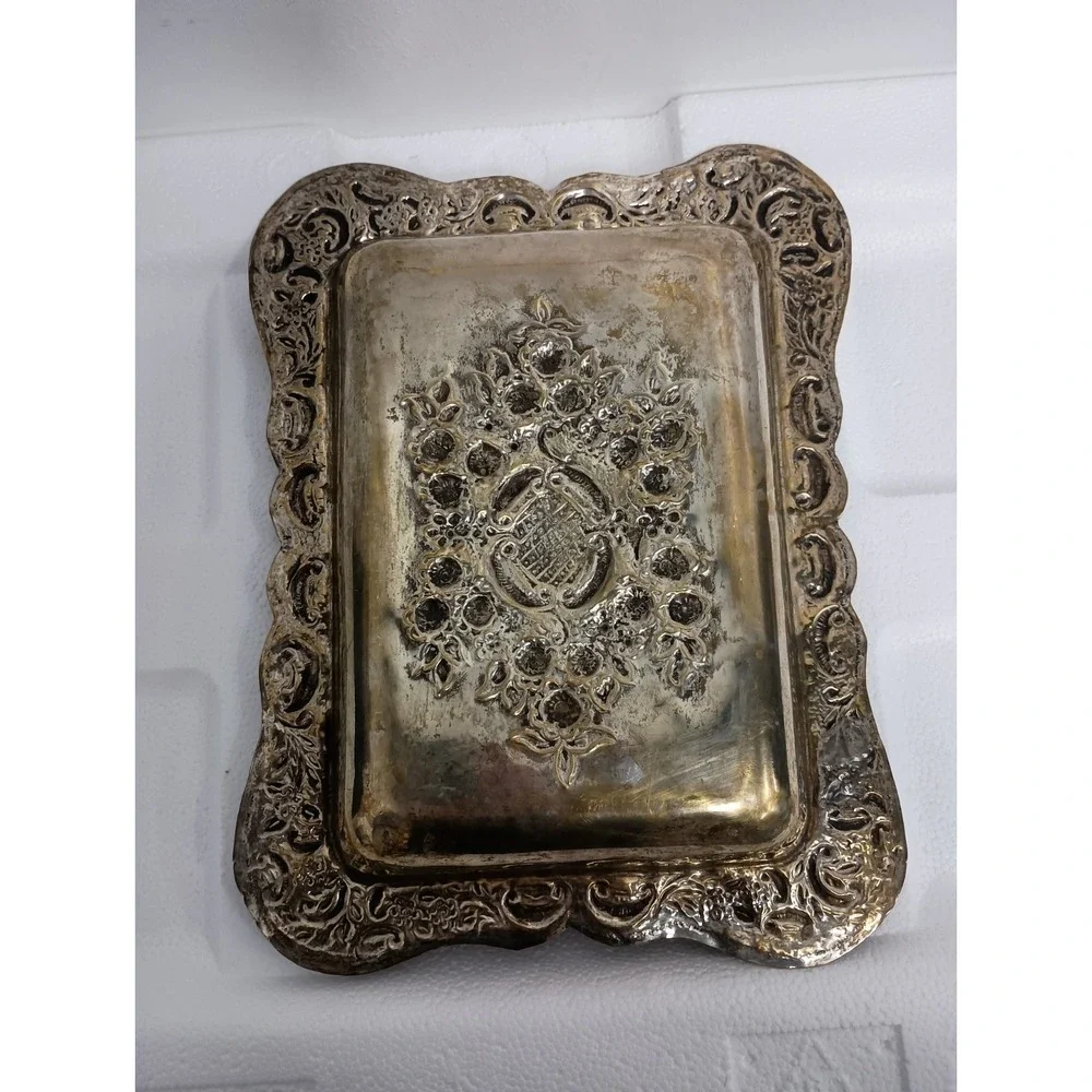 Antique Late 19th Century Silverplate Patina Rectangular Tray‎ Raised Design
